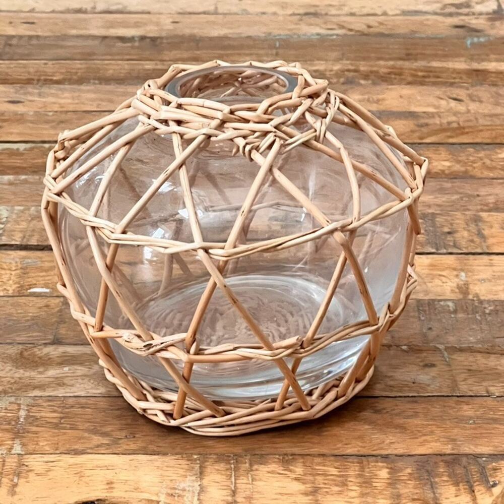 Wicker Rattan Wrapped Glass Vase 6.5" Tall Boho
